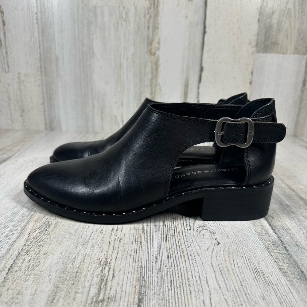 Lucky Brand Giovanna Black Leather Cut Out Heeled Ankle Booties #319